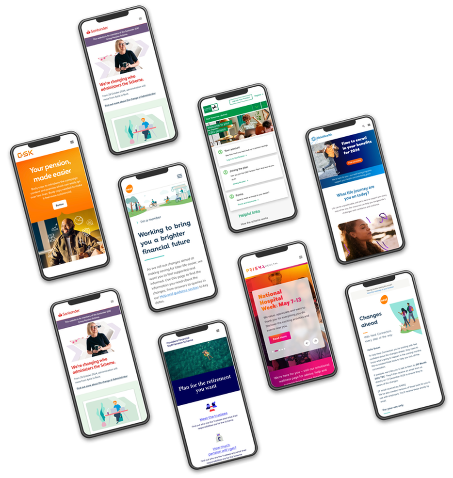 More examples of my work showing multiple website designs being viewed on a phone screen.