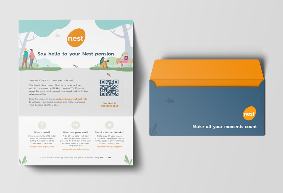 Example showing a personalised mailer for Nest Pensions. An example of brand design interpreted seamlessly into this print layout.